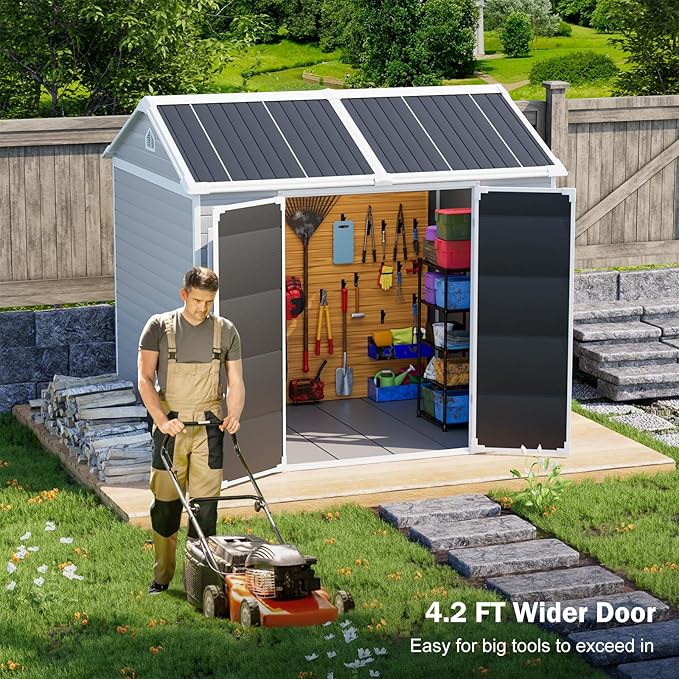 Restland Resin Storage Shed with Floor 8x6 FT Outdoor Waterproof Wider Door Plastic Sheds Kit for Backyard Garden Patio Lawn Tools, Gray