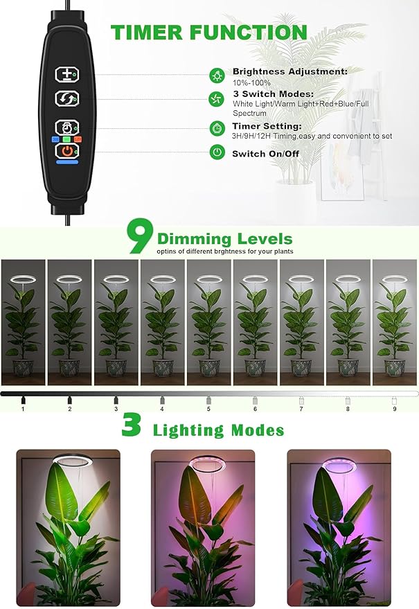 10" Grow Lights for Indoor Plants Full Spectrum, 160 LEDs Large Plant Light for Indoor Plants, Height Adjustable 11"-65" Growing Lamp with Auto On/Off Timer 3/9/12H, 9 Dimmable Brightness,White
