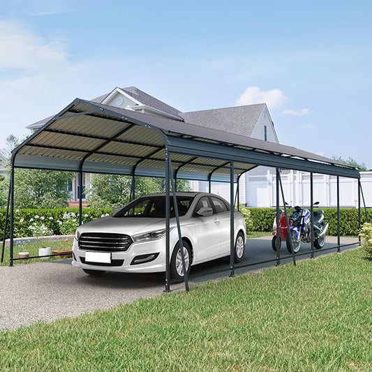 13x26.5 FT Metal Carport, Heavy Duty Car Port Canopy with Galvanized Steel Roof & Frame, Oversized Metal Carport Kit, Outdoor 2 Car Garage, Steel Car Shelter for Car, Boat, Truck, Charcoal
