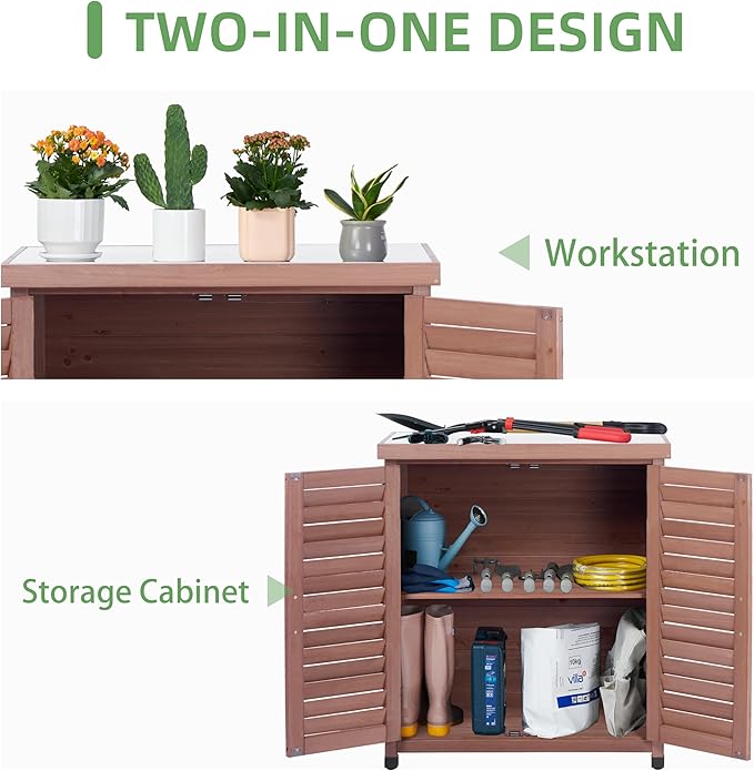 Potting Bench with Storage Cabinet and Metal Table Top for Outdoor Patio, Garden Furniture Wood Workstation (Dark Brown, 31x17x36)