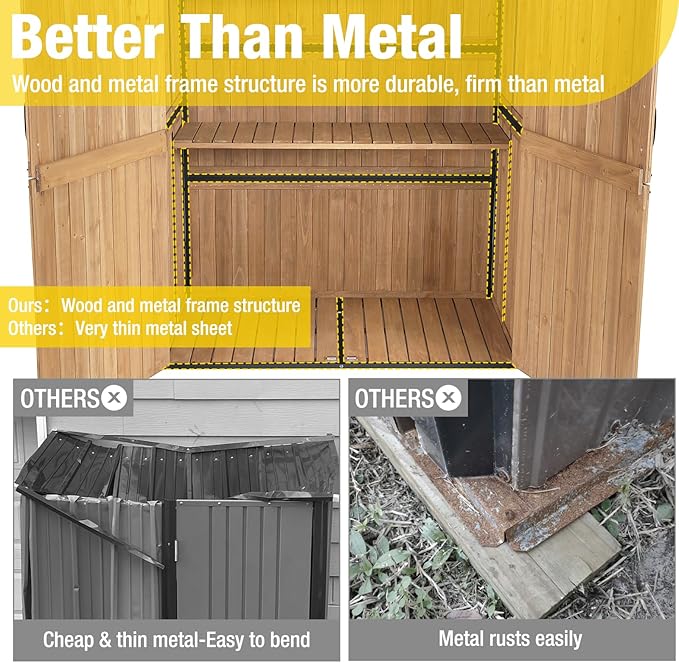 Aivituvin Storage Shed Outdoor Storage Cabinet Upgraded with All Arounded Metal Frame, Wooden Floor and Adjustable Shevels 55" L x 29" W x 67" H, Brown