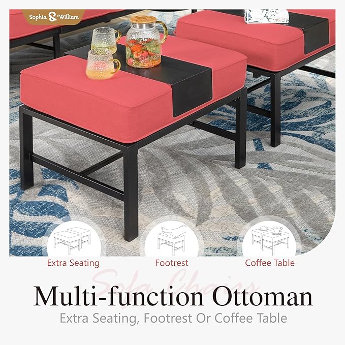 Sophia & William Patio Furniture Sets for 7 Outdoor Conversation Set 7 Pcs with 2 x Swivel Sofa Chairs, 2 x Armrest Chairs, 1 x 3-Seat Sofa, 2 x Ottomans for Coffee Garden Backyard Poolside Red