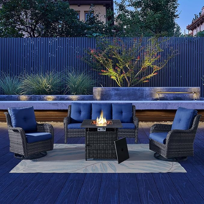 Patio Furniture 4 Piece, All-Weather PE Wicker Outdoor Furniture Set with CSA Certified 30in Propane Fire Pit Table,Outdoor Patio Furniture with Swivel Rocking Chairs
