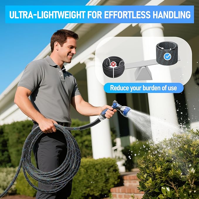 Garden Hose 25ft, 3-Layer Flexible Water Hose with 8 Pattern Spray Nozzle, Non-Expanding & Lightweight Stainless Steel Hose for Yard, Lawn, Outdoor-Leak Proof, No-kink & Tangle-free