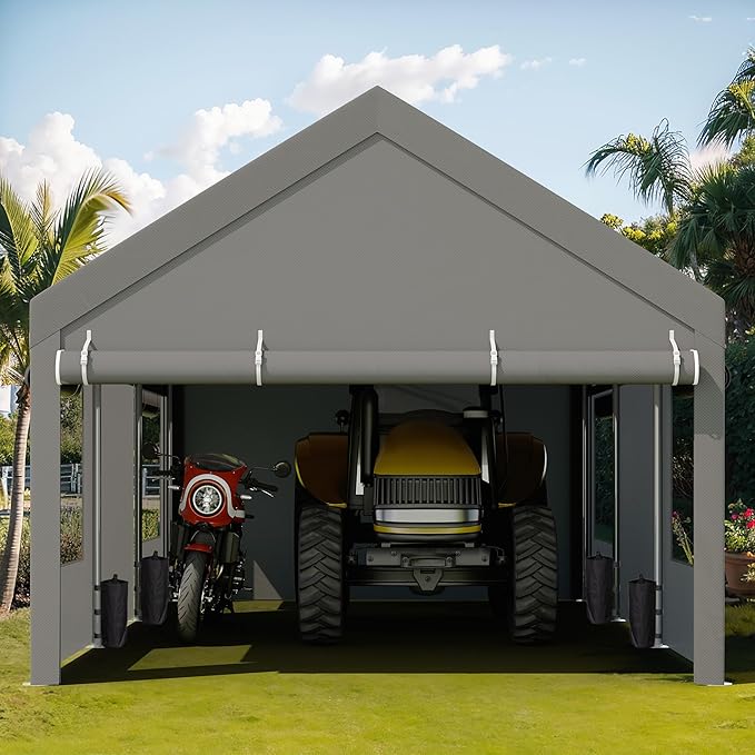 JY QAQA Carport, 12x20 FT Heavy Duty Carport with Removable Side Walls and Doors, Car Canopy with All-Season Tarp for Cars, Grey