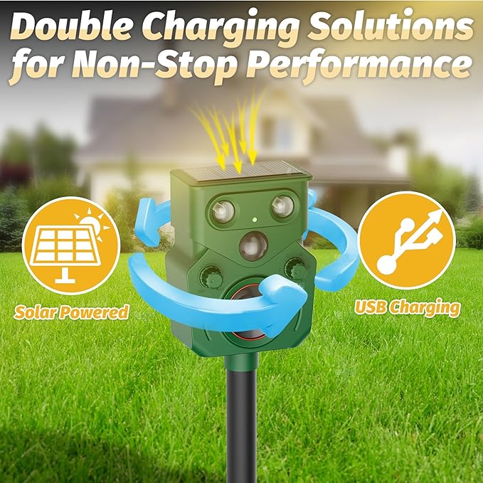 2 Packs Ultrasonic Animal Repeller Solar Powered, Cat Repellent Outdoor with Motion Sensor, Waterproof Deer Deterrent with LED Flash Light, Effective Repels Invasive Animal for Raccoon, Skunk, Dog