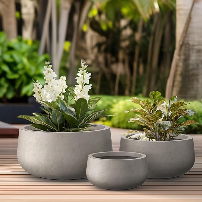 Kante 19.6",15.7",11.8" Dia Round Concrete Planters Set of 3, Outdoor Indoor Garden Plant Pots with Drainage Hole and Rubber Plug, Modern Curvaceous Design, Weathered Concrete