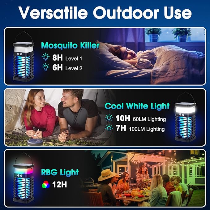 Portable Fly Trap for Indoor & Outdoor, Handheld Outdoor Bug Zapper - 4200V High-Voltage Electric Mosquito Killer with UV Light, IP68 Waterproof, USB-C & Solar Charging, 4000mAh Battery