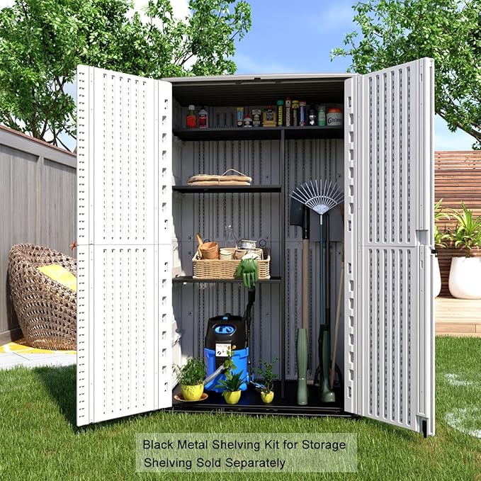 Kinying Outdoor Storage Cabinet, Vertical Storage Shed Perfect to Store Patio Furniture, Garden Tools Accessories,Bike,Beach Chairs and Lawn Mower, 4x2.5 Feet off-white-02B