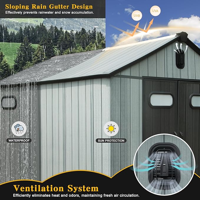 Domi 8x12FT Resin Outdoor Storage Shed with Lockable Door, Waterproof Outside Sheds with Windows & Vents, Heavy-Duty Plastic Tool Storage Shed for Patio Furniture, Lawn Mower, Bike