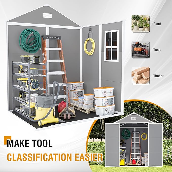 6x5 FT Resin Storage Shed,Garden House with Floor & Lockable Door,Waterproof Plastic Tool Sheds W/Slanting Roof Visual Window & Air Vents for Bicycles,Lawnmowers,Lawn,All Weather Use,Gray