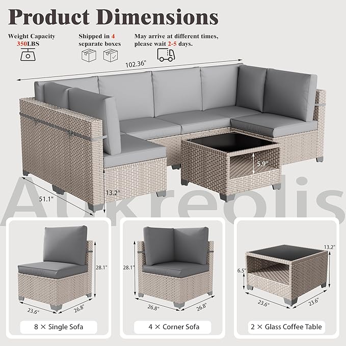 14 Pieces Patio Furniture Set, Outdoor Sectional Wicker Sofa with Thick Cushions and Storage Coffee Table, Rattan Patio Conversation Sets for Deck Yard Poolside, Grey