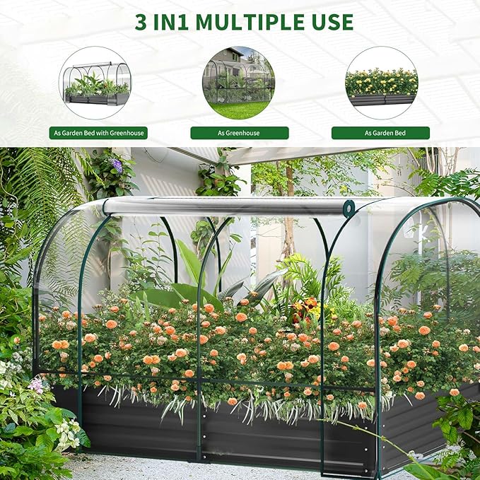 Galvanized Raised Garden Bed for Gardening Vegetables with Cover, 72.8"*37.4"*45" Outdoor Metal Planter Box Kit with Roll-Up Large Screen Windows Mini Greenhouse for Growing Vegetables Flower