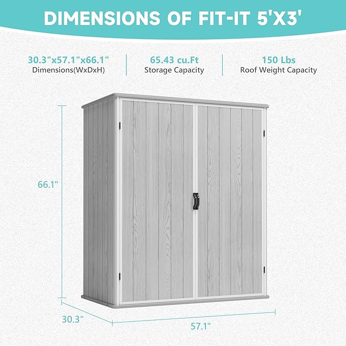 Greesum 5x3FT Plastic Outdoor Storage Shed with Floor, Resin Storaged Sheds with Lockable Door, Window & Vent, All-Weather Tool Sheds for Garden, Backyard, Pool Supplies, Light Gray (4.7×2.5FT)