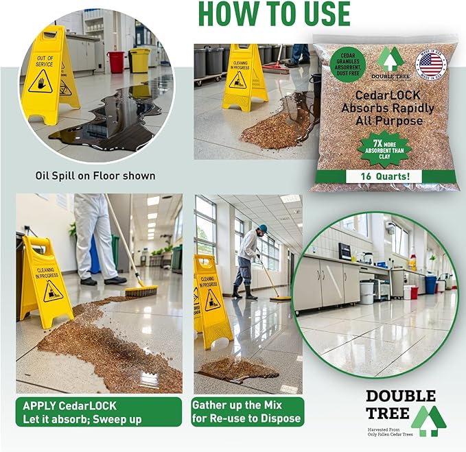 CedarLock Oil Absorbent – Nature’s Heavy-Duty Spill Solution Made from 100% Pure Incense Cedar, Oil Spill Kit Granules, Organic Granules, All-Purpose Oil Absorbent - (4 Bags 64 Quarts)