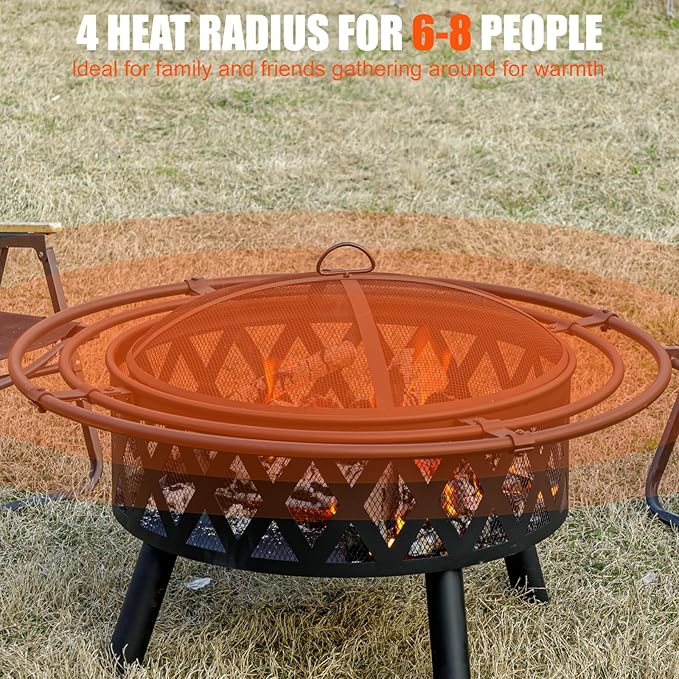36 Inch Wood Burning Fire Pit with 2 Loops, Outdoor Fire Pit with Spark Screen & Fire Poker, Cross Weave Firepit for Outside Fireplace Bonfire for Yard,Patio, Garden