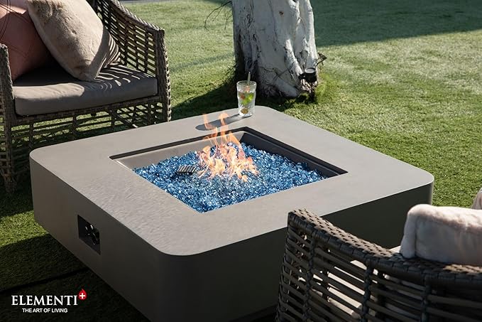 Elementi+ | Lucerne Gas Fire Pit Cast Concrete 42" Square Fire Table, Outdoor Fire Pit Electronic Ignition | Canvas Cover, Fire Glass and Burner Lid Included | Light Gray | Natural Gas