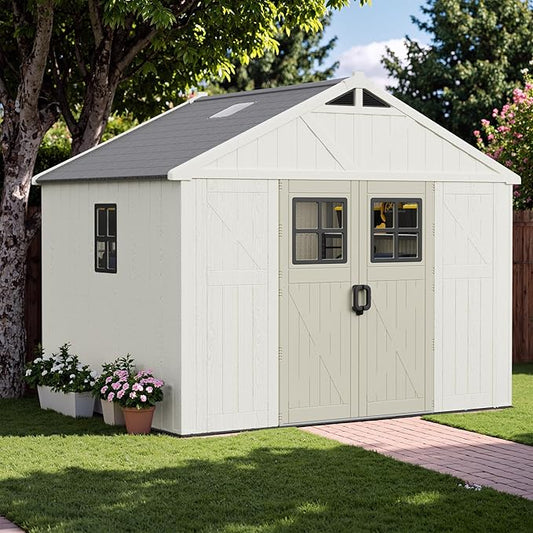 Greesum 10×8 FT Plastic Outdoor Storage Shed with Floor and Lockable Door, Resin Sheds with Windows and Skylights, Weather Resistant Organization for Garden, Lawn, Pool Supplies, Beige