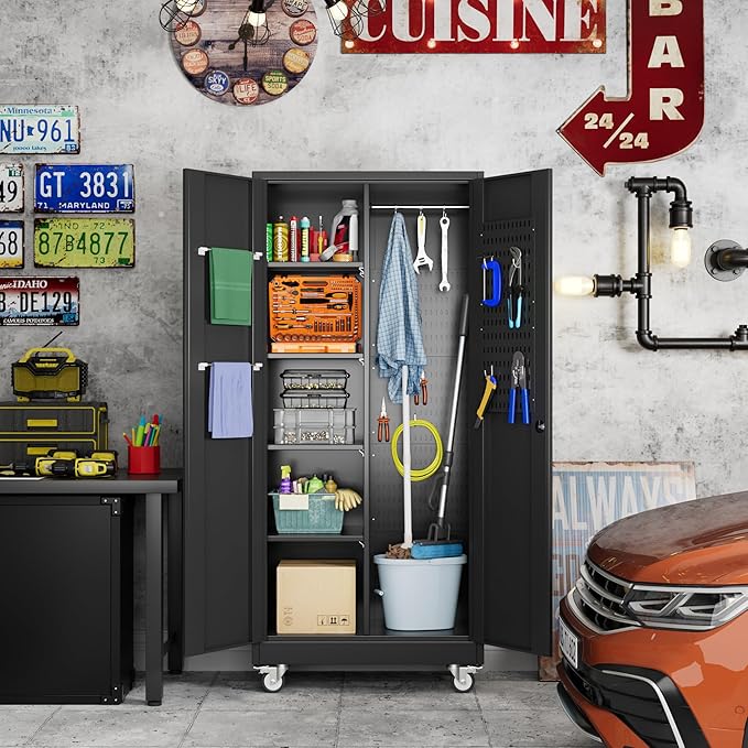 Broom Closet Storage Cabinet with Wheels and Pegboard,Metal Garage Storage Cabinet with Doors and Adjustable Shelves for Garage Home,Required Assembly,Black