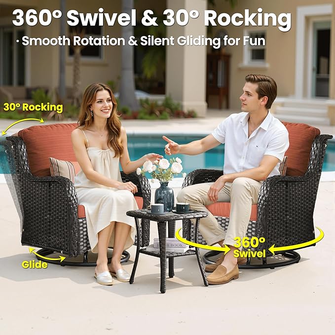 ovios 10 Pieces Patio Furniture Set, Outdoor Wicker Sofa Couch with Swivel Chairs 54" Fire Pit Table, All Weather High Back Modern Conversation Sets, Brown Rattan, Orange Red