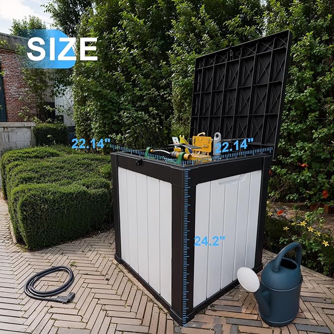 ROJIK 50 Gallon Outdoor Storage Housing Deck Box,Waterproof Patio Furniture, Garden Tools, Cushions, Pool Accessories Storage Bench with Lockable Lid and Side Handles(Black&White)