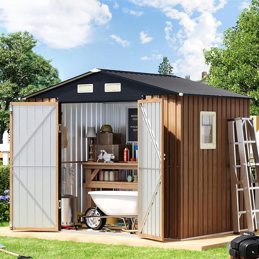 8X6FT Garden Storage Shed with Frame Floor & Lockable Doors,Steel Tool Shed with 1 Clear Window, Anti-Corrosion Metal Shed for Backyard Patio Lawn (Wood Panels Not Included)