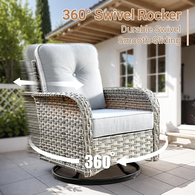 HOOOWOOO Outdoor Patio Furniture Set with Fire Pit Table,9 Pieces Wicker Out Door Sectional Furniture L Shaped Couch,Outside Patio Conversation Sets Swivel Chair,Light Gray