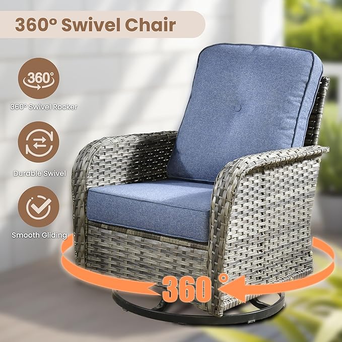 HOOOWOOO Outdoor Patio Furniture Set,6 Pieces Wicker Conversation Set,All Weather Couch Set with Swivel Chairs Ottoman Side Table 7 Seaters for Out Door Yard(Denim Blue)