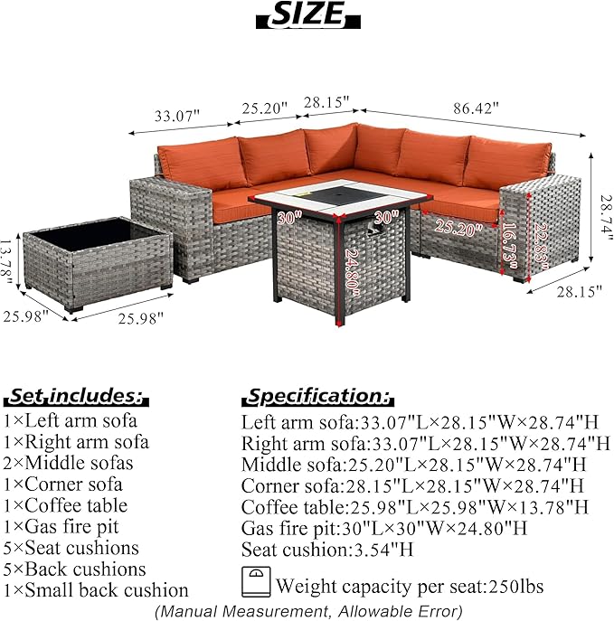 HOOOWOOO Modular Patio Outdoor Sectional Furniture Set with Gas Propane Fire Pit Table,7 Piece Wicker Conversation Sofa Set,Out Door Couch Set with Wide Arm Outside(Grey Stripes)