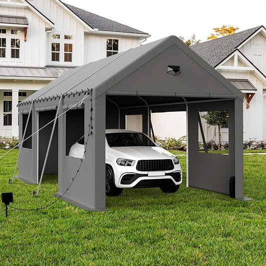 10x20 Carport, Heavy Duty Carport Canopy Garage with Removable Sidewalls and Drive Through Roll Up Zipper Doors & Side Doors, Grey