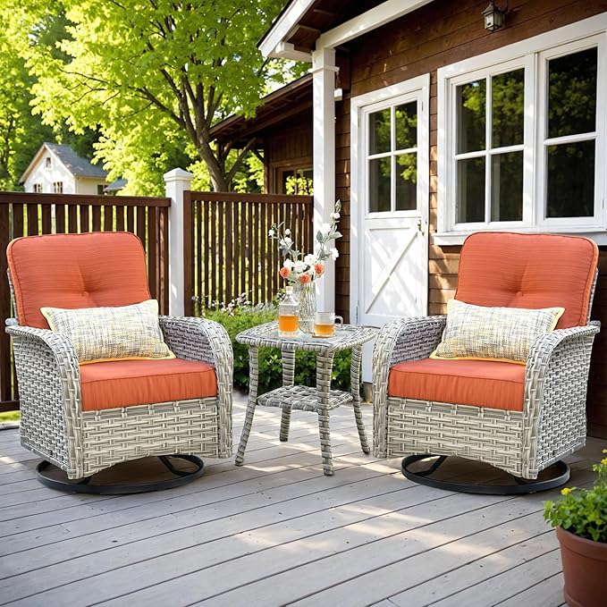 HOOOWOOO Outdoor Patio Bistro Set,3 Pieces Wicker Out Door Swivel Rocking Chair with Matching Side Table,Patio Furniture Sets,Brick Red