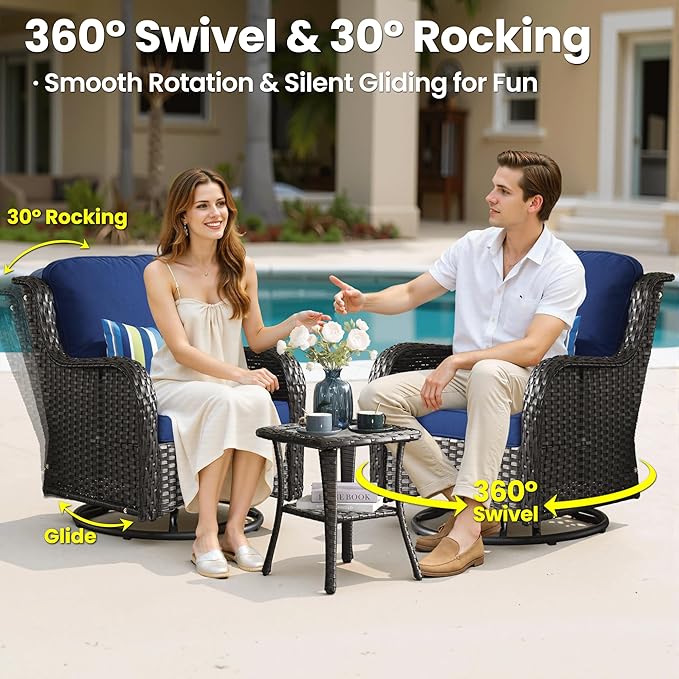 ovios 7 Pieces Patio Furniture Set, Outdoor Wicker Sofa Couch with Swivel Chairs 54" Fire Pit Table, All Weather High Back Modern Conversation Sets, Brown Rattan, Navy Blue