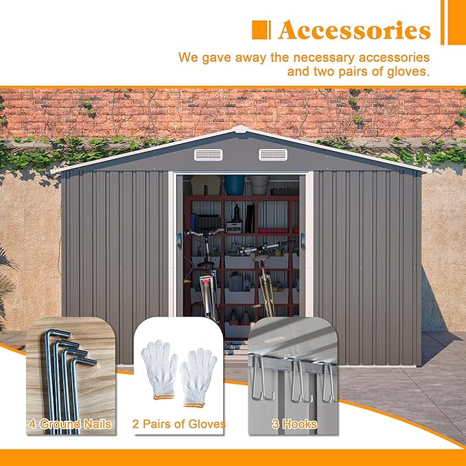 10x8 FT Sheds & Outdoor Storage Garden Metal Shed with Floor Frame Lockable Sliding Door and Air Vents Foundation Steel Shed with Air Vents Waterproof Roof Ideal for Backyard Patio Lawn Dark Gray