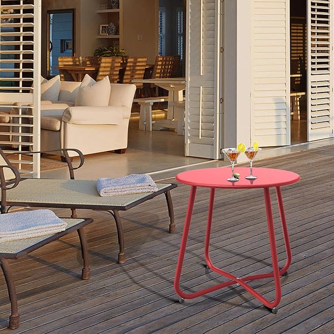 Dark Red Patio Side Table, 18" Weatherproof Steel Outdoor Indoor Side Table for Garden, Balcony, Pool & Tailgate, Rust-Resistant Lightweight Portable Patio End Table