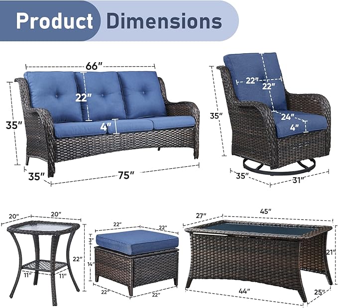 Wicker Rattan Patio Furniture Set - 7 Pieces Outdoor Couch with Swivel Chairs, Ottomans and Coffee Table for Deck, Poolside, Backyard - Brown/Blue