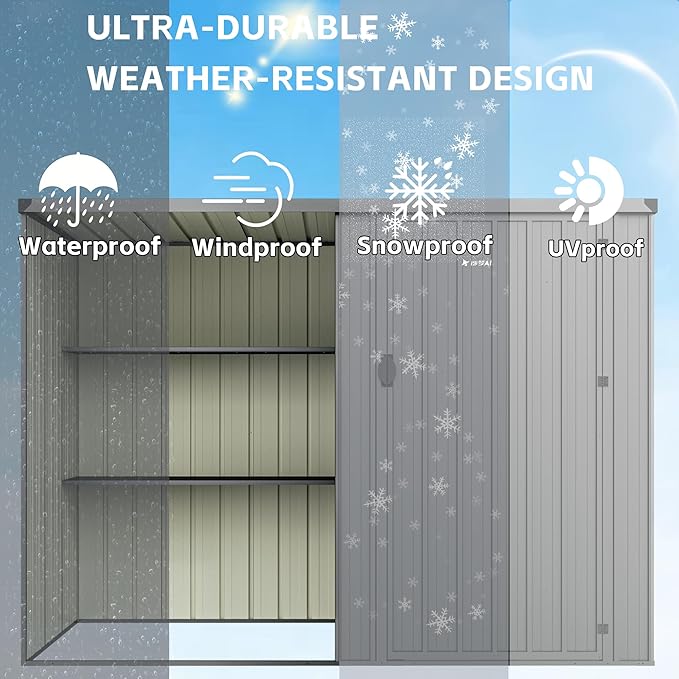 8×4 FT Metal Outdoor Storage Shed with Shelves, Lockable Waterproof Garden Tool Shed, Robust Backyard Patio Shed with Sloped Roof for Lawn Mower, Dark Gray (No Floor)