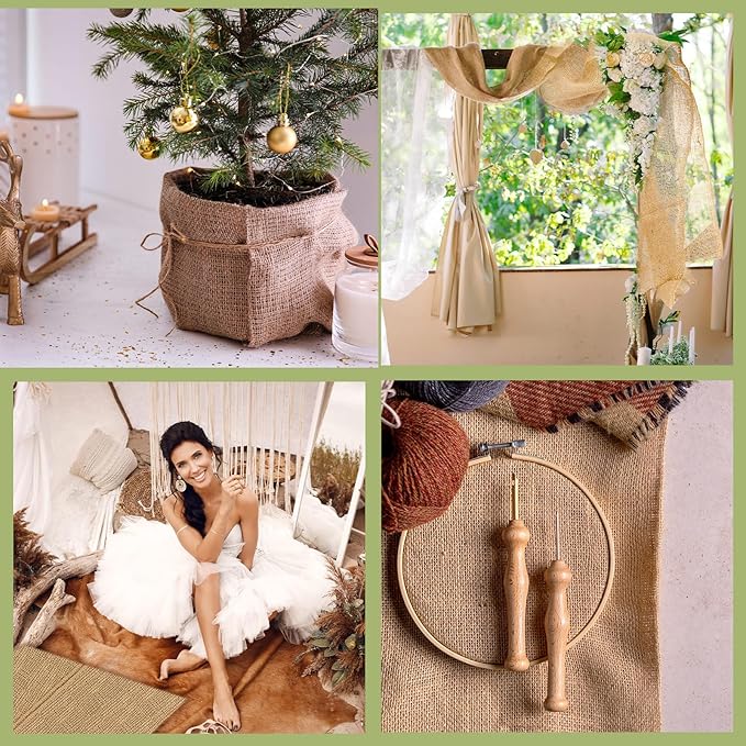 Buryeah 40 Inch x 6.6 ft Burlap Fabrics Roll Natural Jute Burlap Garden Tree Wrap Outdoor Weed Barrier DIY Fall Halloween Craft Winter Frost Plant Landscape Blankets Cloth for Plant Gardening Shrubs
