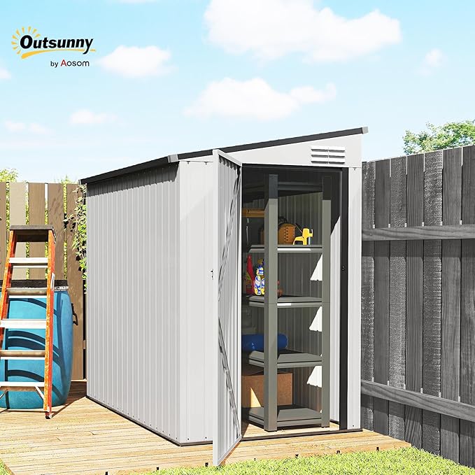 Outsunny 4' x 6' Metal Outdoor Storage Shed, Lean to Storage Shed, Garden Tool Storage House with Lockable Door and 2 Air Vents for Backyard, Patio, Lawn, White