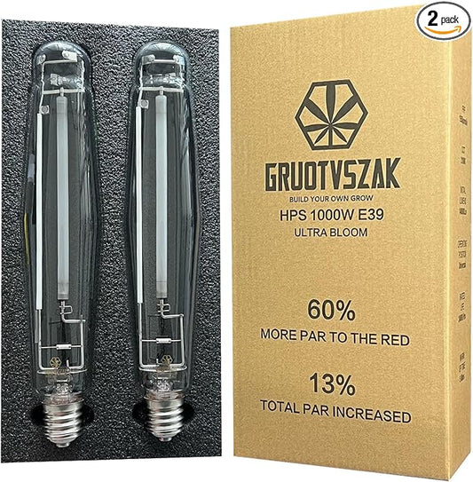 HPS 1000 Watt Grow Light Bulb E39 60% Increases on RED Spectrum 1950μmol 136000lm Ultra Bloom Flowering High Pressure Sodium 2-Pack
