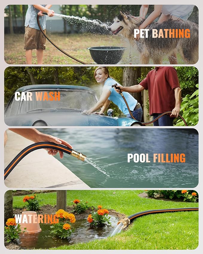 50FT x 5/8" Rubber Garden Hose, Heavy Duty Rubber Garden Water Hose, 300 PSI Working, 1000 PSI Burst, Swivel Handle with Stainless Steel Ring, 5-Layer Braided, All-Weather Outdoor Use