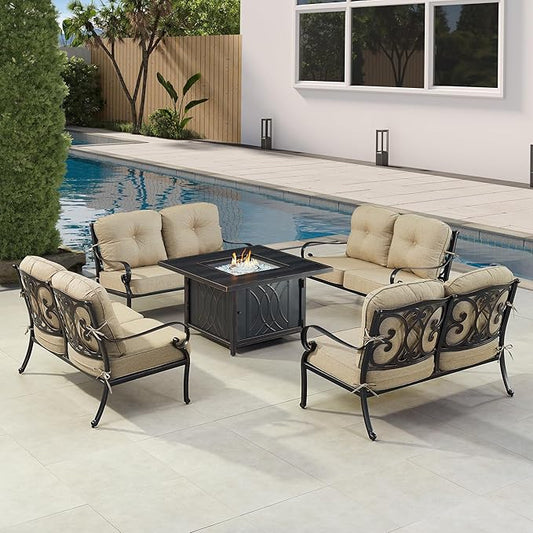 Oakland Living POPPY-4LS-CAVE-TNCU-AC Black Aluminum Patio Fire Table Set with Four Deep Seating Loveseat with Cushions, Antique Copper
