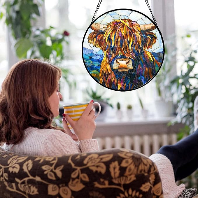 Stained Glass Window Hanging - Highland Cattle Suncatcher for Door Terrace Garden Home Decor Western Style Brown Cow Sun Catcher Birthday Gifts for Lovers Women Men Dad Mom Nana 6.3 in