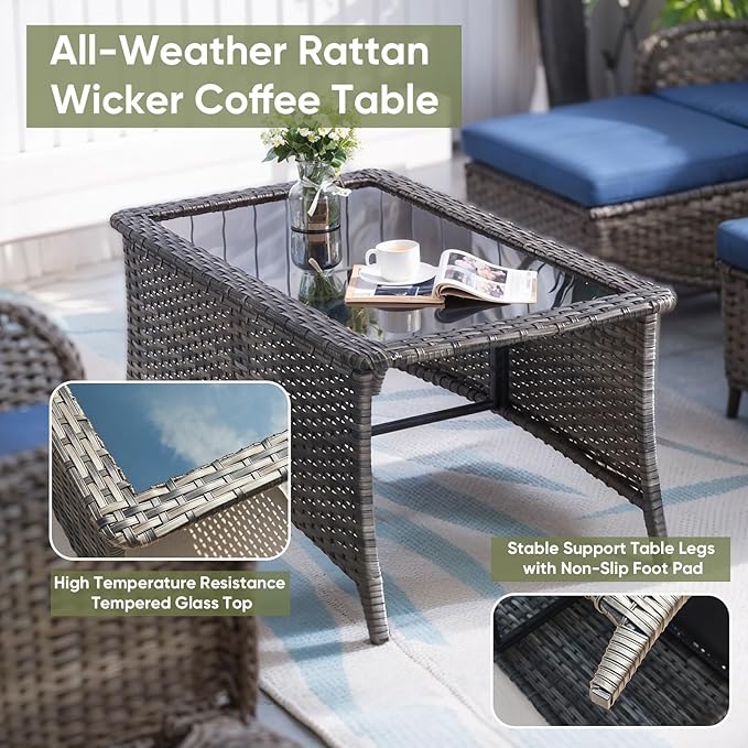 Wicker Outdoor Conversation Set-6 Pieces Outdoor Wicker High Back Couch with Swivel Rocker Chairs Patio Furniture for Deck Poolside Backyard-Grey/Blue