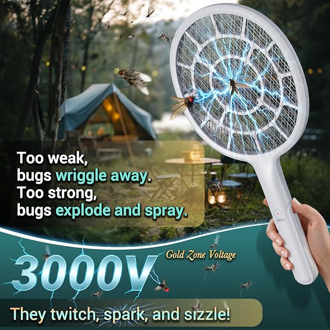 Electric Fly Swatter, Bug Zapper, Mosquito Zapper Racket | Gold Zone Voltage, Densest 3 mm Mesh, Apple-Like Weight - AA Battery Powered (not incl.) - Indoor & Outdoor, Pro Swat Tips, 2 Packs