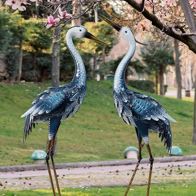 33-35 Inch Blue Heron Garden Statues for Outside, Metal Cranes for Yard Outdoor Decor, Standing Bird Sculptures for Patio, Lawn, and Backyard, Garden Sculptures & Statues, Set of 2
