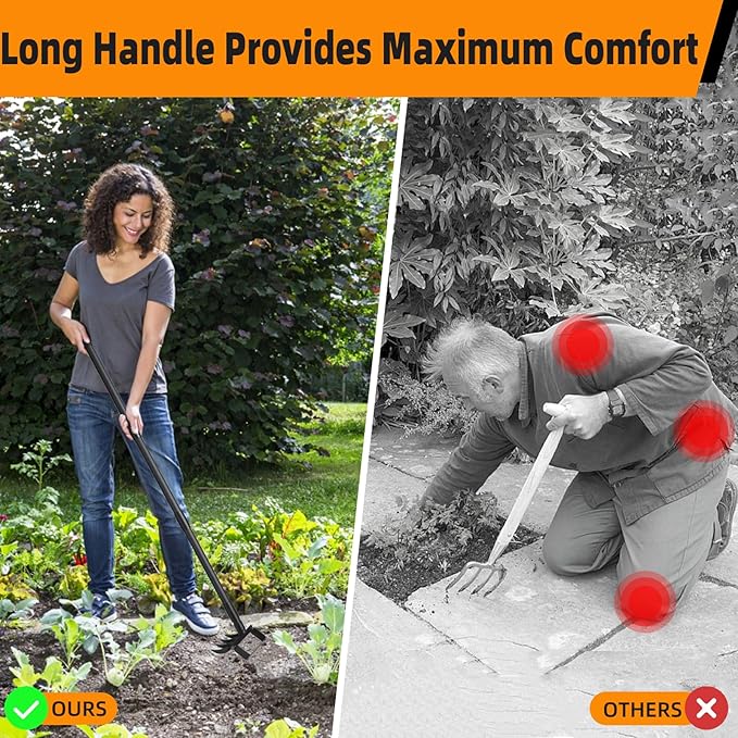 Action Stirrup Hoe Garden Tool Weed Puller with Adjustable Long Handle, Heavy Duty Hula Hoe and 4 Tines Rake 2 in 1 Gardening Tools Garden Cultivator for Weeding Soil Loosening, Black