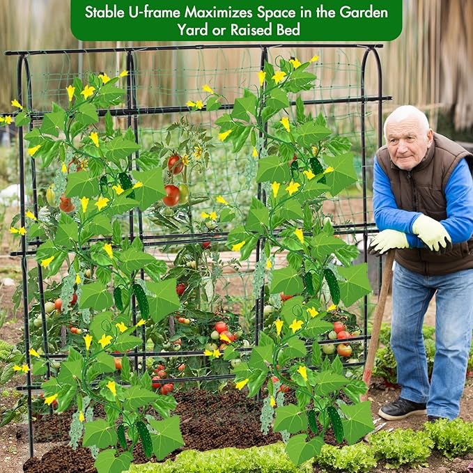 Cucumber Trellis for Raised Beds 70.8" L x 11.8" W x 70.8" H, Garden Trellis for Climbing Plants Outdoor, Black U-Shaped Large Metal+PE Coated Grow Support for Vines, Vegetables