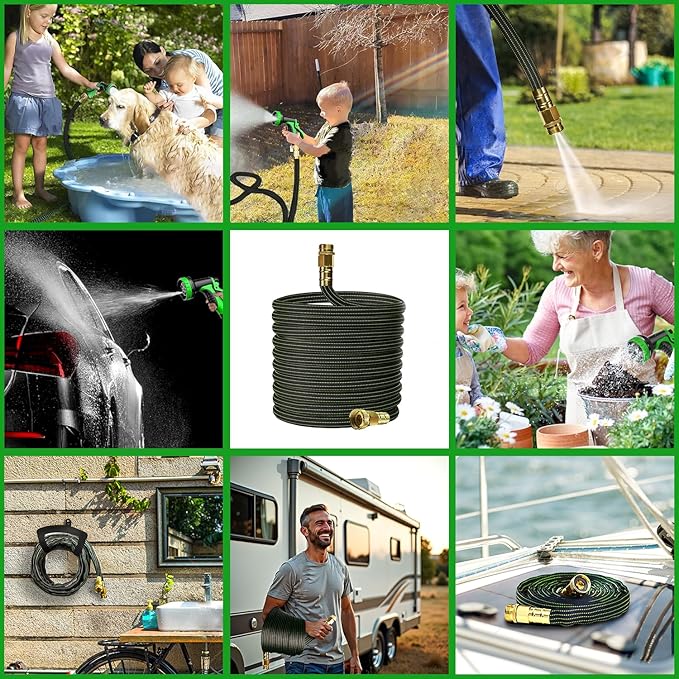 10FT Lightweight Flexible Garden Hose,Non-Slip Handles,Non-kink Hose,Solid Brass Fitting for Boats, RV Water Hose,Marine Washdown,Lawn,Garden,Leakproof TPE Hose (GreenBlack, 10 FT)