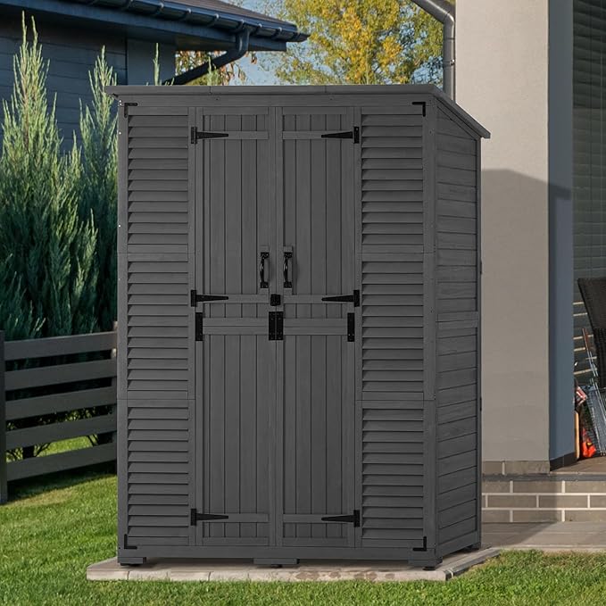 Macrout Large Outdoor Storage Cabinet with 6 Shelves (4.8 x 2.2 x 6.5 ft), Outside Storage Shed with Lock, Wooden Garden Shed for Yard Patio Lawn, 1738 (Gray)