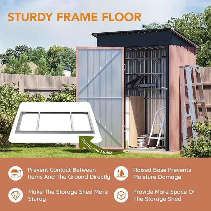 5X3X6.1 FT Garden Storage Shed with Frame Floor,Steel Tool Shed with Lockable Door, Anti-Corrosion Metal Shed for Backyard Patio Lawn (Light Wood Grain)